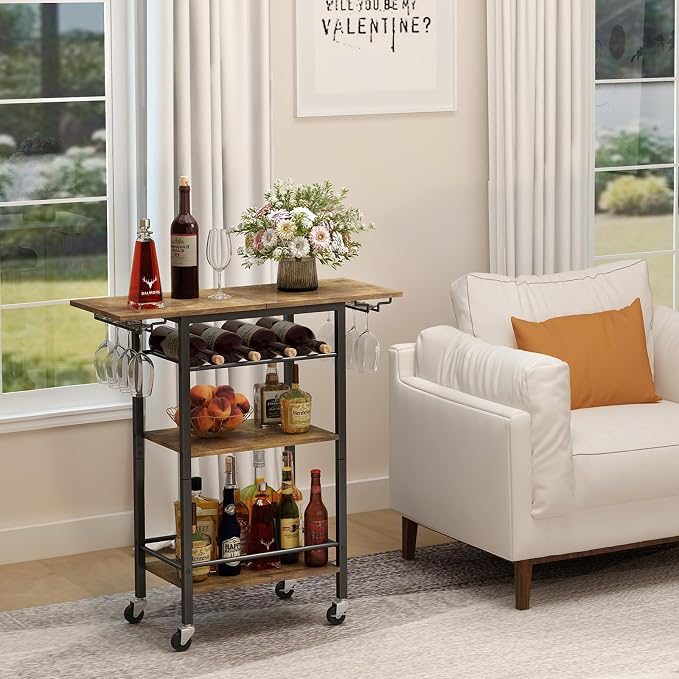 LAATOOREE Bar Cart, Home Bar Serving Cart, 3 Tier Mobile Drink Beverage Cart, Rolling Kitchen Shelf with Wine and Glass Holders, for Dinning Room, Living Room, Kitchen