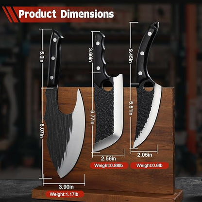 TIJERAS Butcher Knife Set For Meat Cutting, 3PCS Hand Forged Camping Knife Set With Ergonomic Handle, High Carbon Steel Meat Bone Cleaver for Kitchen Camping BBQ, Birthday Gifts for Men Women