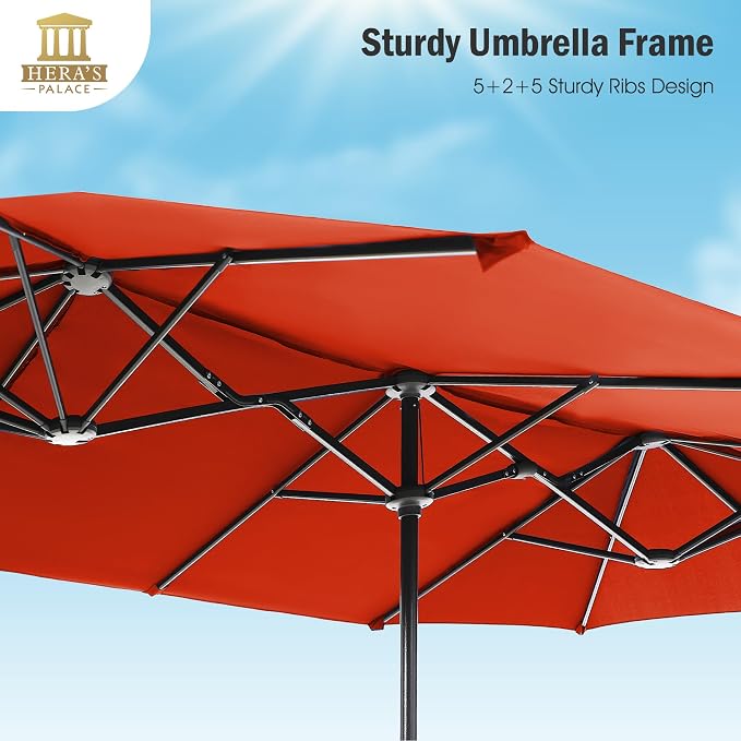 13 ft Large Double-Sided Patio Umbrella, Outdoor Umbrella, Orange Red | HERA'S PALACE Rectangular Umbrella, Market Umbrella with Crank Handle, Powerful UV Protective for Beach Pool Garden Backyard