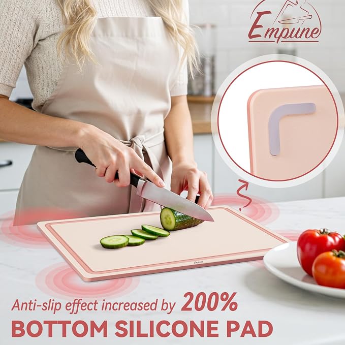 Empune 3-Piece Plastic Cutting Boards for Kitchen - Thick & Non-Slip Chopping Board Set with Juice Grooves, Dishwasher Safe, BPA Free, Includes Large & Small Sizes, Pink