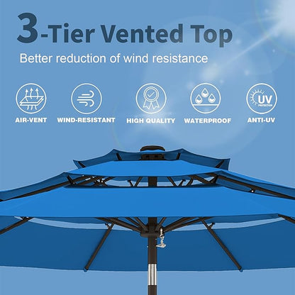 PatioKingdom 9ft 3-Tier Patio Market Umbrella with Crank/Tilt, Commercial Heavy Duty Wind Proof,Outdoor Table Umbrella with 8 Fiberglass Ribs,UPF50+ for Deck,Pool,Garden,Backyard (Royal Blue)