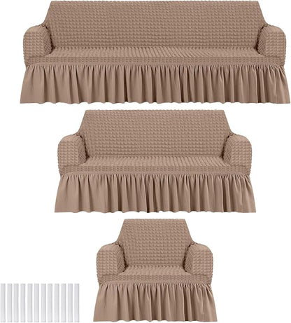 Fanfanwin 3 Pcs Sofa Slipcover Set for Couch Cushion Durable Washable High Elastic Stretchable Furniture Couch Covers with Skirt for Sofa Loveseat Arm Chair(Khaki,Seersucker)