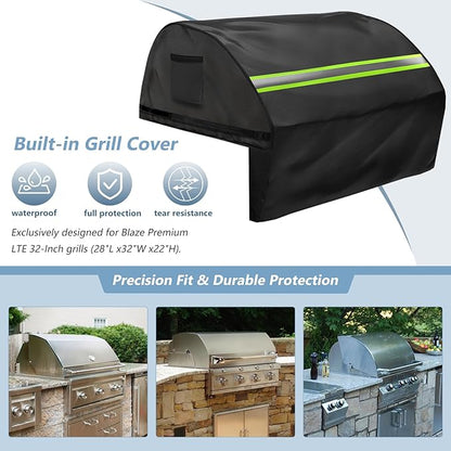 Built in Grill Cover for Blaze Premium LTE 32-Inch - Heavy Duty 600D Waterproof with Reflective Strips and Plush Lining, Universal 4-Burner Gas Grill Protector,Black