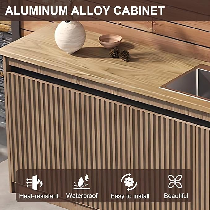 87IN Outdoor Kitchen Cabinet - Kitchen Cabinet with Countertop Includes Stripe Design & Mop Pool,Outdoor Table with Aluminum Alloy,Stainless Steel Sink and Slate Countertop,Hidden Handle