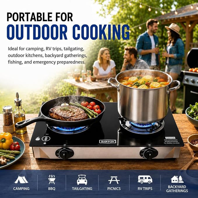 XtremepowerUS 2 Burner Propane Gas Stove, 25,516 BTU Portable Camping Cooktop with Auto Ignition, Tempered Glass Top, LPG Outdoor Cooking Stove Camping, Tailgating, RV, Emergency & Backyard Cooking