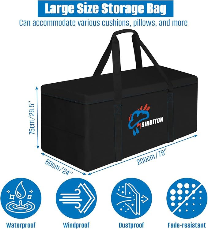 SIRUITON Cushion Storage Bag 600D Oxford,Waterproof,78.7"x23.6"x29.5" | Heavy duty, rip proof, with handle & zipper, for patio & garden cushions, UV-resistant, all-weather protection