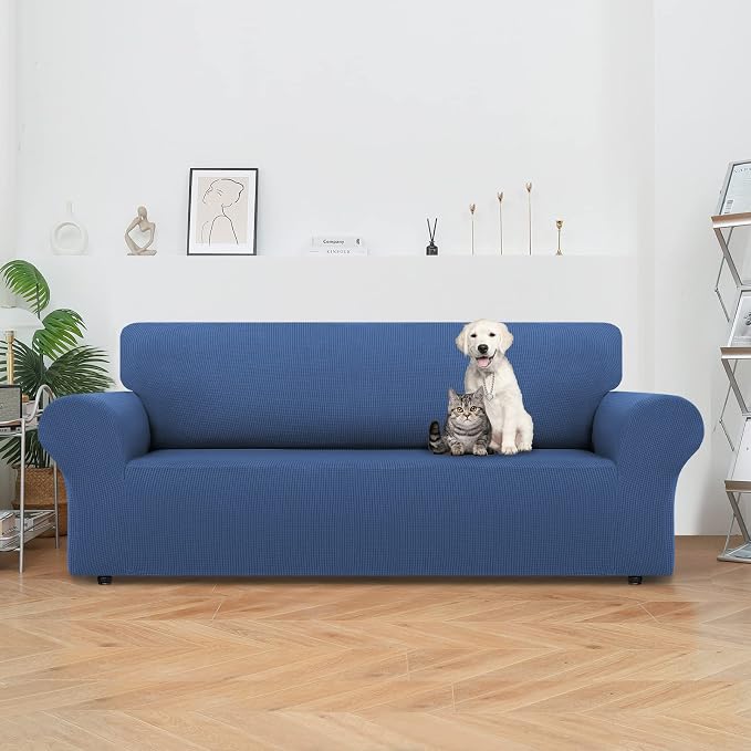 LURKA Stretch Couch Cover for Sofa, 1 Piece 3 Cushion Slipcover, Blue | Soft Stretch Jacquard, Fits 78"-94" Sofas, Elastic Bottom for Secure Fit, Machine Washable, Pet & Kid Friendly