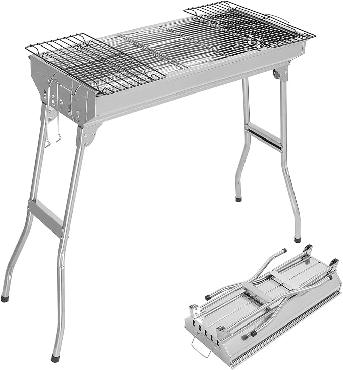 Portable Charcoal BBQ Grill, Foldable Smoker Tall Barbecue Grill Charcoal Outdoor Lightweight for Cooking Camping Hiking Picnics Tailgating Backpacking Garden Beach Party (27.5"L x 27.9"H)