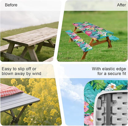 FOREVER QUEEN Tropical Flamingo Floral Picnic Table Cover with Bench Covers 3Pcs Set,72x30 Inch Fitted Rectangle Camping Tablecloth,Waterproof Windproof Outdoor Table Cover for Patio Backyard Camping
