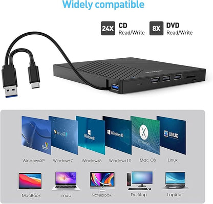 ORIGBELIE External CD DVD Drive, USB 3.0 & 4 USB Ports & 2 TF/SD Card Slots | Ultra Slim CD DVD ROM Player Burner Reader Writer Rewriter Optical Disk Drive for Laptop PC Mac OS Windows 11/10/8/7 Linux