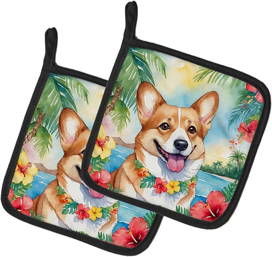 Caroline's Treasures Corgi Luau Pair of Pot Holders Kitchen Heat Resistant Pot Holders Sets Oven Hot Pads for Cooking Baking BBQ, 7 1/2 x 7 1/2