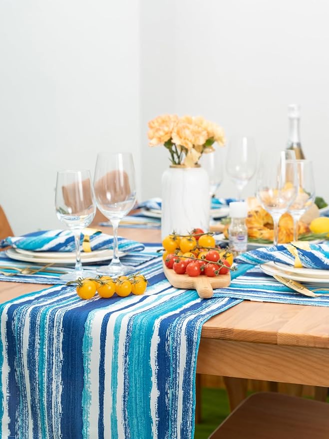 YiHomer Indoor Outdoor Tabletop for Spring Summer Decorations, Picnics and Dinner Parties - Stain and Water Resistant, Crayon Art (Ocean), Table Runner, 14 x 72