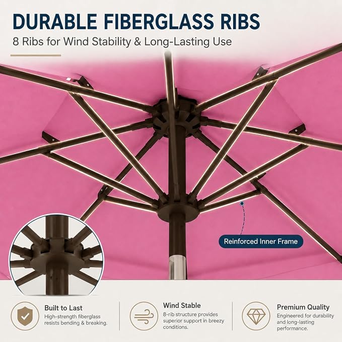 10ft Patio Umbrella, 3-Tier Vented Outdoor Table Umbrella with 8 Sturdy Fiberglass Ribs, Windproof Market Umbrella with Push Button Tilt and Crank, UV Protection for Deck, Pool, Rose Pink