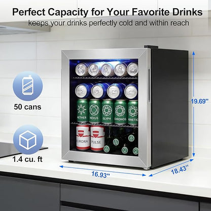 Mini Fridge Cooler - Small Beverage Refrigerator Stainless Steel Glass Door for Soda Beer Wine–Countertop Drink Cooler for Home, Dorm, Office or Bar, Electronic Temperature Control，1.4cu.ft.