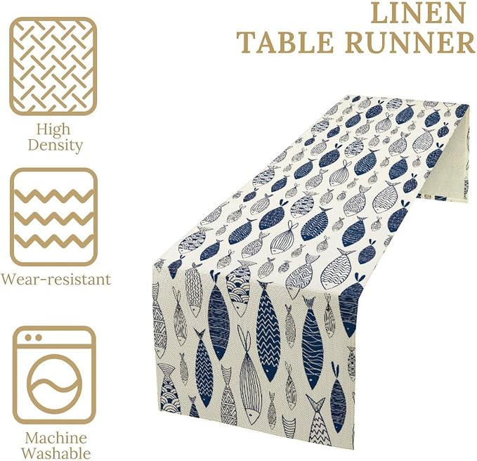 Under Sea World Table Runner, Summer Navy Blue Fish Table Runner Beach Starfish Coral Vintage Dining Tablerunner for Coffee Table/Kitchen Island/Party Decor, 13" x 36"