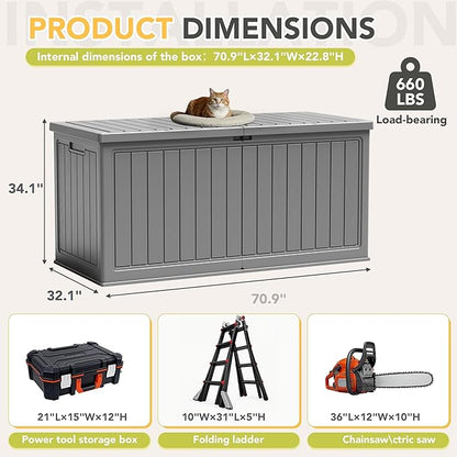 270 Gallon HDPE Deck Box Outdoor Indoor Waterproof Storage Box for Patio Furniture, Pool Accessories, Garden Tools, and Cushion Storage, Gray