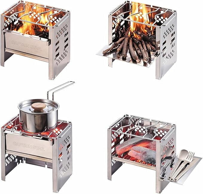Captain Stag UG-45 3-in-1 Barbecue Stove, Open-Air Grill, Collapsible Kamado, Smart B6 Model, Bag Included, 3 Adjustable Levels, Multi-Panel Set, Silver