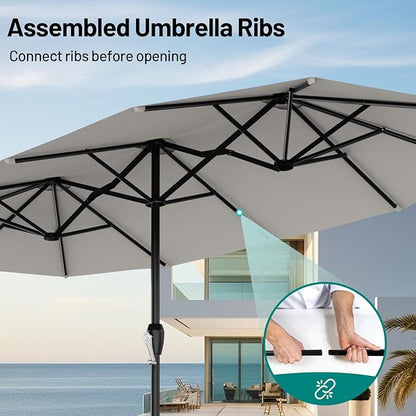 AreShark 15ft Patio Umbrella with Base, Double Sided Outdoor Umbrella with 12 Fiberglass Ribs, Large Outdoor Umbrella for Garden, Pool, Deck, Backyard & Market, Light Grey