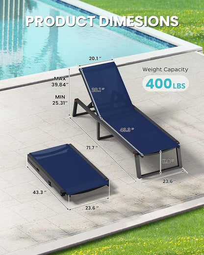 Aluminum Chaise Lounge Chair Outdoor, Foldable & Assembly Free Patio Pool Lounge Chairs 5-Position Recliner for Poolside, Fully Grounded Legs Sun Lounger, Navy Blue