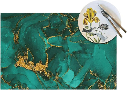 Turquoise Marble Placemats Set of 4, Emerald Dark Green Table Mats | Decorative Place Mats for Kitchen Holiday Party Modern Farmhouse Home Decor 12x18 Inch