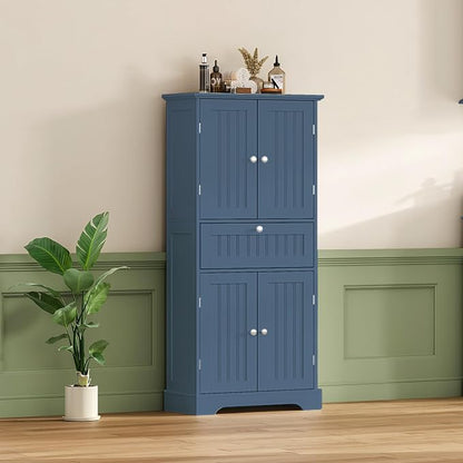 ChooChoo 51" H Bathroom Floor Cabinet with Drawers and Adjustable Shelves | Bathroom Storage Cabinet, Freestanding Kitchen Pantry Cupboard with 4 Doors for Living Room, Blue