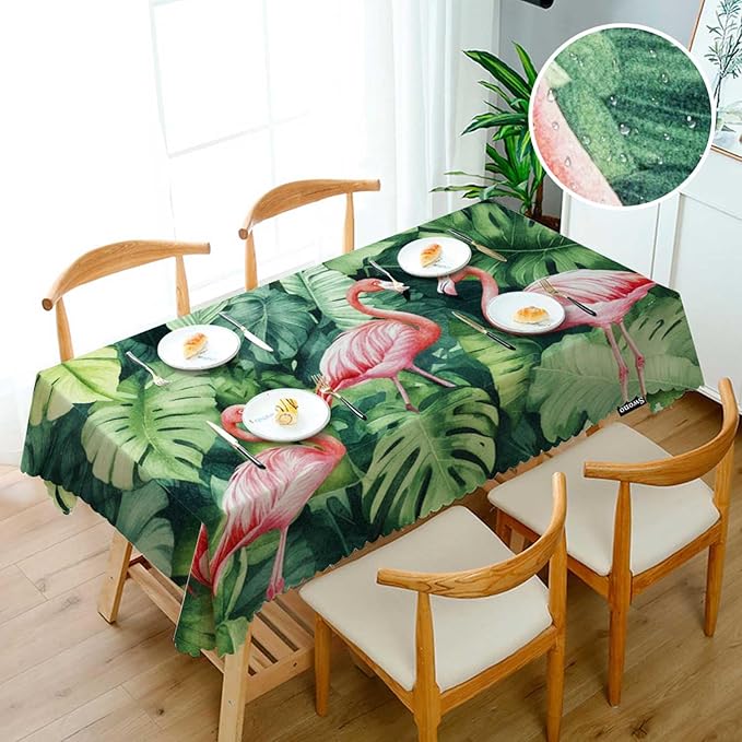 Swono Flamingo Table Covers 52x70 Inch Tropical Pink Flamingo Palm Leaves Wipeable Tablecloth Kitchen Dinning Tabletop Decoration, Table Cloth for Outdoor and Indoor Use