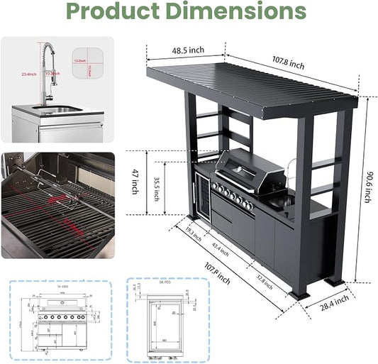 108" Outdoor Kitchen Island Crafted from Stainless Steel,6-Burner 85,000 BTU Propane Grill with Rotisserie Oven,Galvanized Steel Roof,Granite Countertops,Refrigerator,Storage,Sink.(Propane Gas)