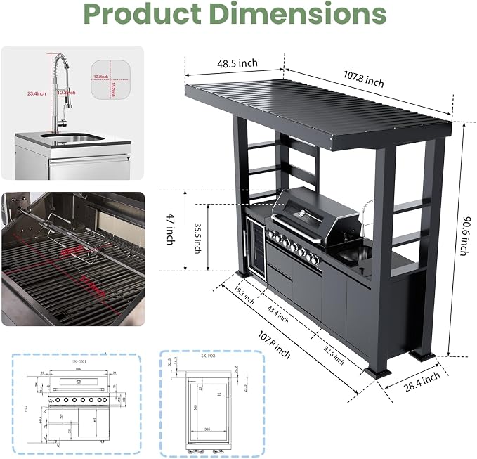 108" Outdoor Kitchen Island Crafted from Stainless Steel,6-Burner 85,000 BTU Natural Gas Grill with Rotisserie Oven,Galvanized Steel Roof,Granite Countertops,Refrigerator,Storage,Sink.(Natural Gas)