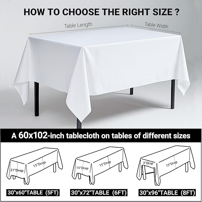 MRJ 60 x 102 Inch White Rectangle Polyester Table Cloth Machine Washable Wrinkle Resistant Fabric for Banquet Indoor Outdoor Use
