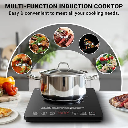 AMZCHEF Portable Induction Cooktop, 20 Temperature & Power Levels, 1800W Induction Stove Burner with 6.8" Heating Coil, Low Noise Hot Plate, Single Electric Cooktops, 120°F to 465°F, 4 Hour Timer