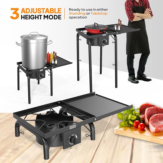 ROVSUN Single Burner Propane Gas Stove with Side Shelf & Carrying Bag, 100,000 BTU Portable Stove with Removable Legs & Regulator for Camping Home Backyard Cooking Brewing Canning Turkey Frying