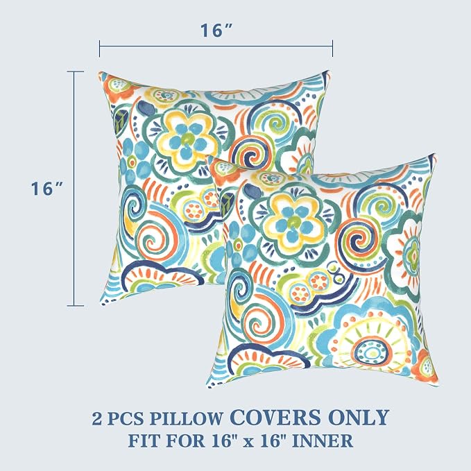 LVTXIII 2 Pack Outdoor Throw Pillow Covers for Patio Furniture, 16x16 Inch Square Pillow Case, Water-Repellent Cushion Covers for Garden, Porch, Sofa, Flower Blue