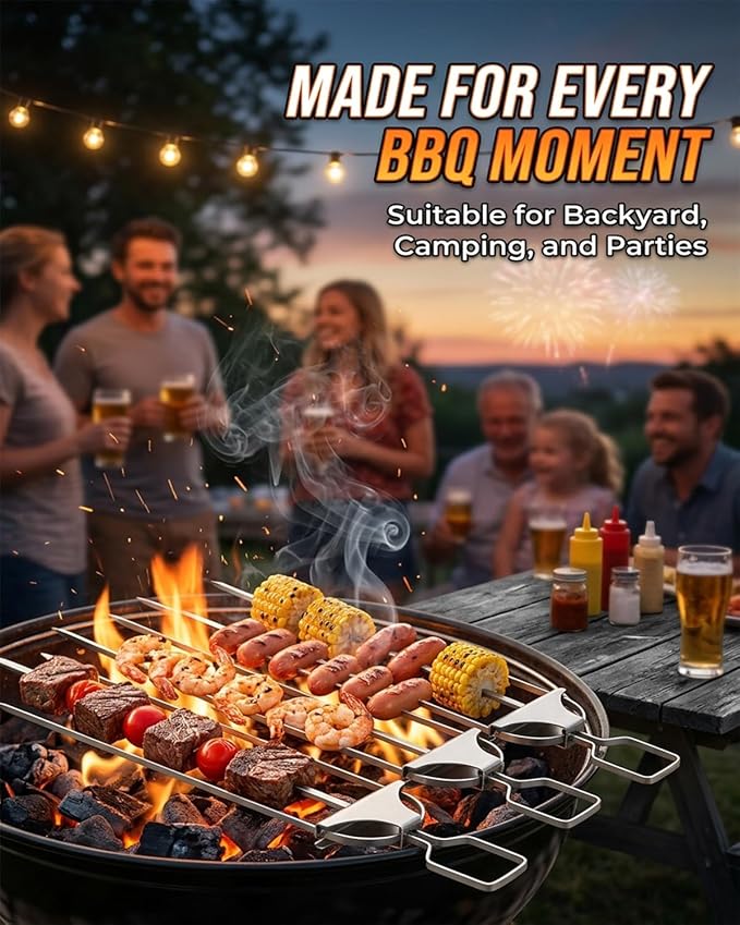 Grill Skewers for Grilling 3 Way Outdoor Metal Chicken BBQ Kabob Meat Stainless Steel 3 Prong Barbeque 2026 New Reusable Three Pronged Push off Slider Bar Triple Pierce Easy to Use Updated