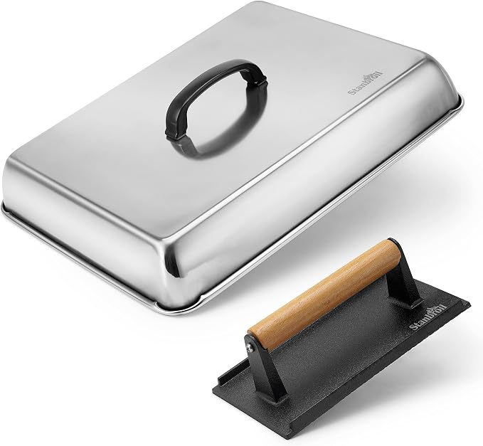Stanbroil Melting Dome & Grill Press Kit Stainless Steel Basting Cover | Cheese Melting Dome with Cast Iron Burger Bacon Press for Flat Top Griddle Grill Indoor/Outdoor