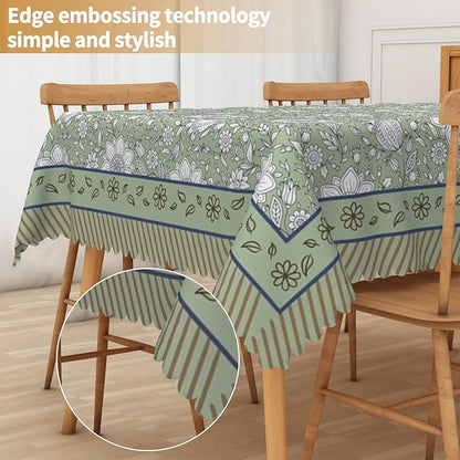 French Rectangular Tablecloth 60"x84" - Green Floral Waterproof Table Cloth for Dining, Kitchen, Outdoor and Picnic Party Decor