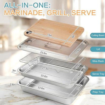 Gisafai 24 x 16 Inch Exlarge Grilling Prep and Serve Trays 5-in-1, Stainless Steel Food Prep Tray Set Grill Carry System Marinade Container with Lid Cooling Rack Gifts for Outdoor BBQ Accessories