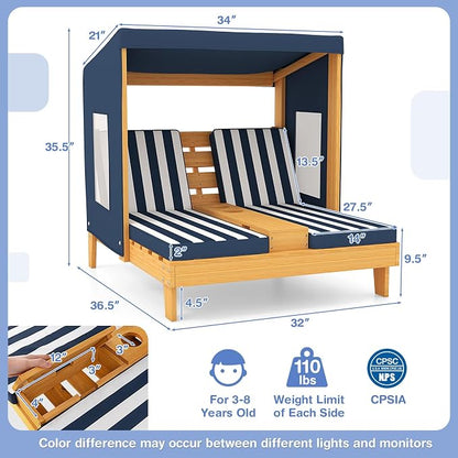 COSTWAY Kids Double Chaise Lounge Outdoor, 2-Seat Patio Lounge Chair with Cup Holders & Cushions, Kids Pool Lounger with Canopy, Wood Patio Furniture for Children Boys Girls 3 Year Old (Navy)