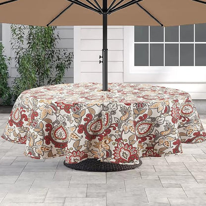 60" Round Tablecloth with Umbrella Hole and Zipper, Washable Waterproof Wrinkle Free Zippered Patio Table Cloths Table Covers for Spring, Summer, Party, Backyard, Picnic, BBQS (Botanical Red Orange)