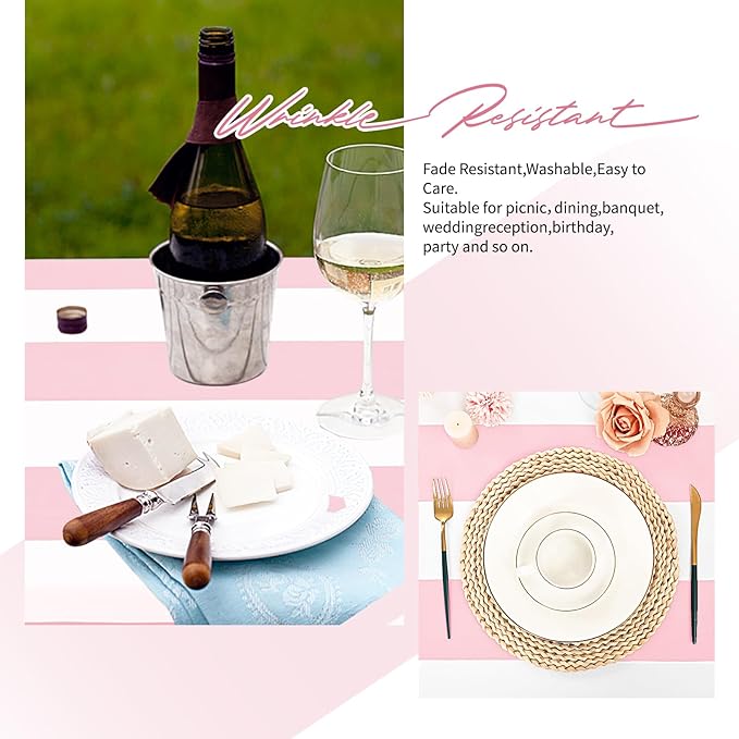 2 Pack Pink and White Striped Tablecloth Rectangle 60x84inch Polyester Fabric Washable Table Cloth for Afternoon Tea Birthday Party Picnic Barbecue Gathering Indoor Outdoor Dining Table Decor