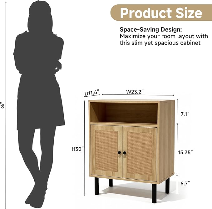 Narrow Storage Cabinet with Rattan Doors, 32" Tall Small Cabinet | for Bathroom, Small Space Hallway Entryway, Free-Standing Sideboard for Laundry Room Kitchen, Easy Assembly(Dark Oak)