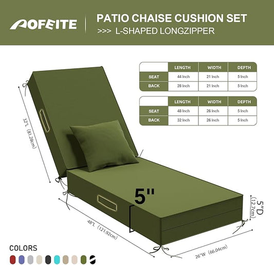 Outdoor Water-Resistant Olefin Chaise Lounge Cushions with Pillow, Weather and Fade Resistant Patio Furniture Lounge Chair Cushion Ideal for Patio, Lawn, Garden, Matcha, 80" L x 26" W x 5" T