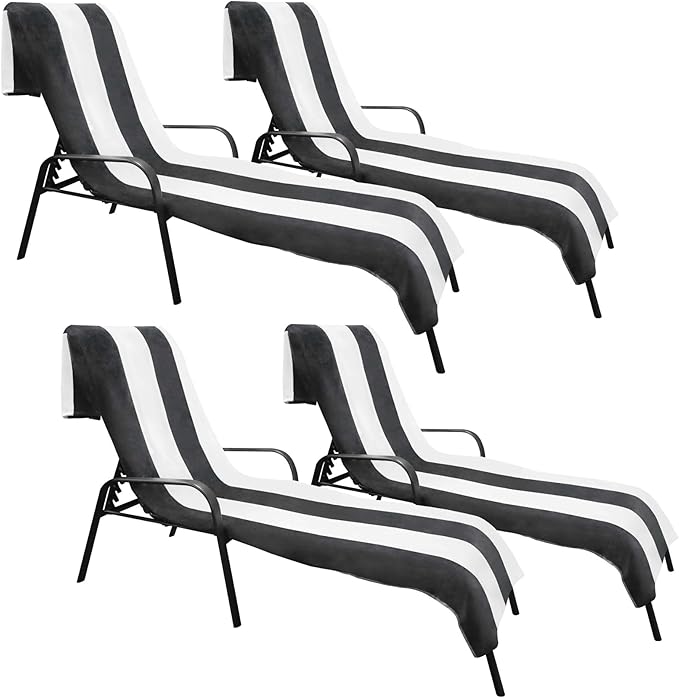 Superior Cabana Cotton Lounge Chair Cover, Outdoor Towel/Chaise Furniture Covers, Terry Cloth, Beach, Spa, Swim Accessories, Pool Chair Cover, Soft, Quick Drying, 32" x 102", Set of 4, Charcoal