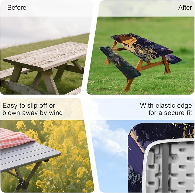 ANNA QUEEN Camping Adventure 6FT Picnic Table Cover with Bench Covers Set of 3 with Drawstring Bag, Forest Tent Scene 72"x30" Waterproof Picnic Tablecloth & Bench Covers for Outdoor Dining