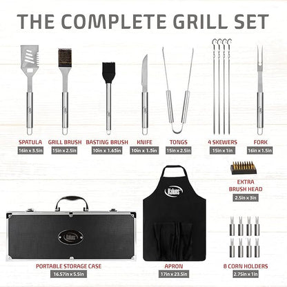 Kaluns Grilling Accessories, Dad Gifts for Fathers Day, Mothers Day Grilling Gifts, Heavy Duty Stainless Steel BBQ Tool Set for Outdoor Grill with Aluminum Case and Apron, Birthday Gifts for Men
