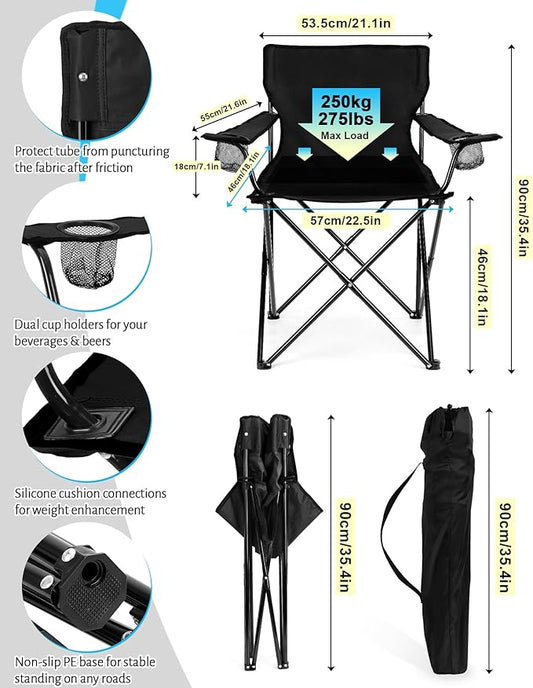 2PCS Camping Chairs with Detachable Umbrella, HaSteeL Folding Beach Chair for Adults, Large Portable Foldable Chair for Outdoors Fishing Hiking Travel Picnic Lawn, Supports 275lbs, Storage Bags, Black