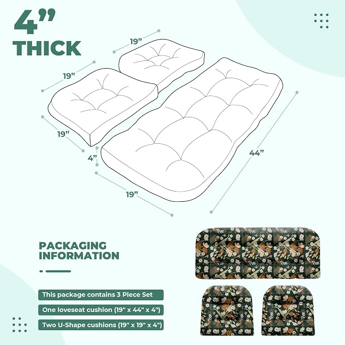 DANGHOOGY Wicker Chair Cushions, Waterproof Outdoor Loveseat Cushions for Patio Furniture, Tufted Wicker Furniture Cushions, 1 Loveseat and 2 U-Shaped Cushions (Black Floral)