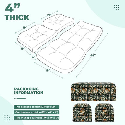 DANGHOOGY Wicker Chair Cushions, Waterproof Outdoor Loveseat Cushions for Patio Furniture, Tufted Wicker Furniture Cushions, 1 Loveseat and 2 U-Shaped Cushions (Black Floral)