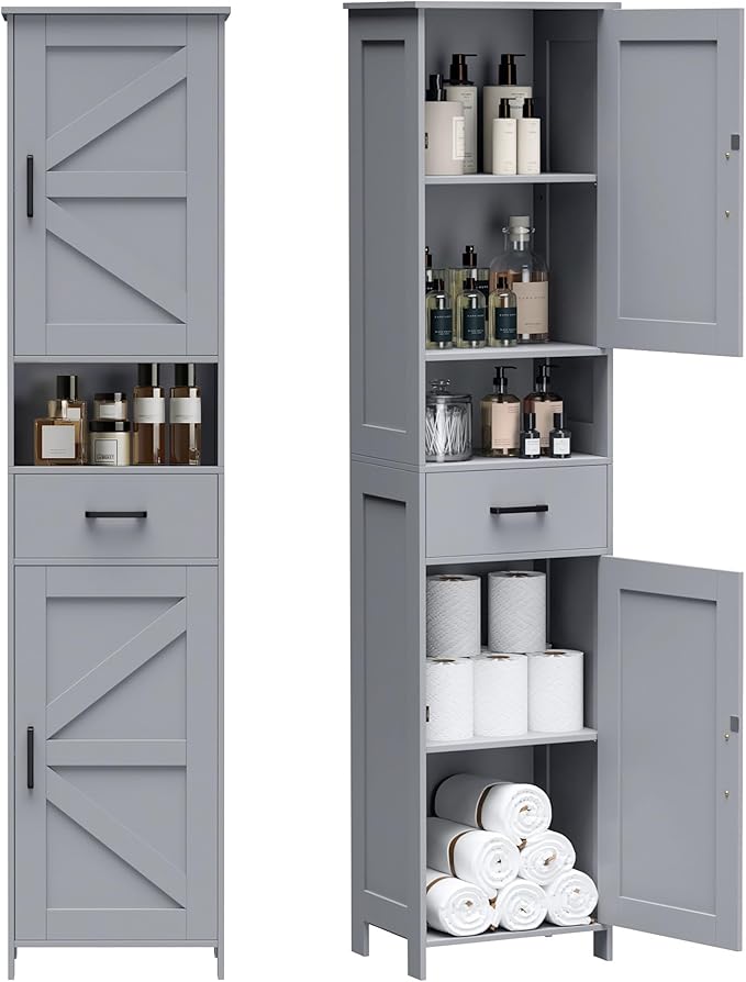 Homhedy 67" H Tall Bathroom Storage Cabinet with Barn Doors and Drawer | Narrow Storage Unit with Adjustable Shelves, Floor Cabinet for Bathroom, Living Room, Entryway or Kitchen, Gray, 15.7" W
