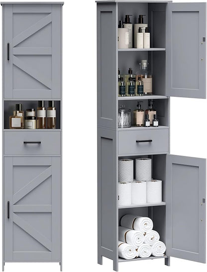 Homhedy 67" H Tall Bathroom Storage Cabinet with Barn Doors and Drawer | Narrow Storage Unit with Adjustable Shelves, Floor Cabinet for Bathroom, Living Room, Entryway or Kitchen, Gray, 15.7" W