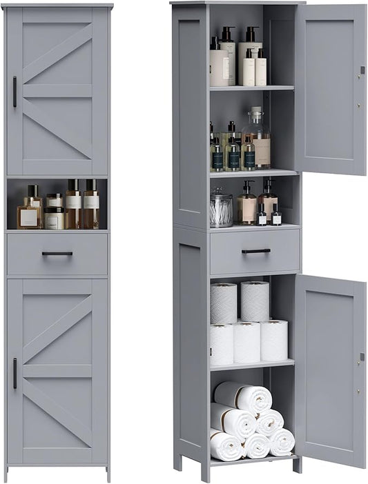 Homhedy 67" H Tall Bathroom Storage Cabinet with Barn Doors and Drawer | Narrow Storage Unit with Adjustable Shelves, Floor Cabinet for Bathroom, Living Room, Entryway or Kitchen, Gray, 15.7" W